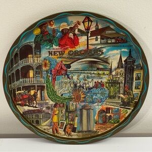 New Orleans Louisiana Souvenir Tray Plate Multi-Color Metal Vintage 11" Gold Rim